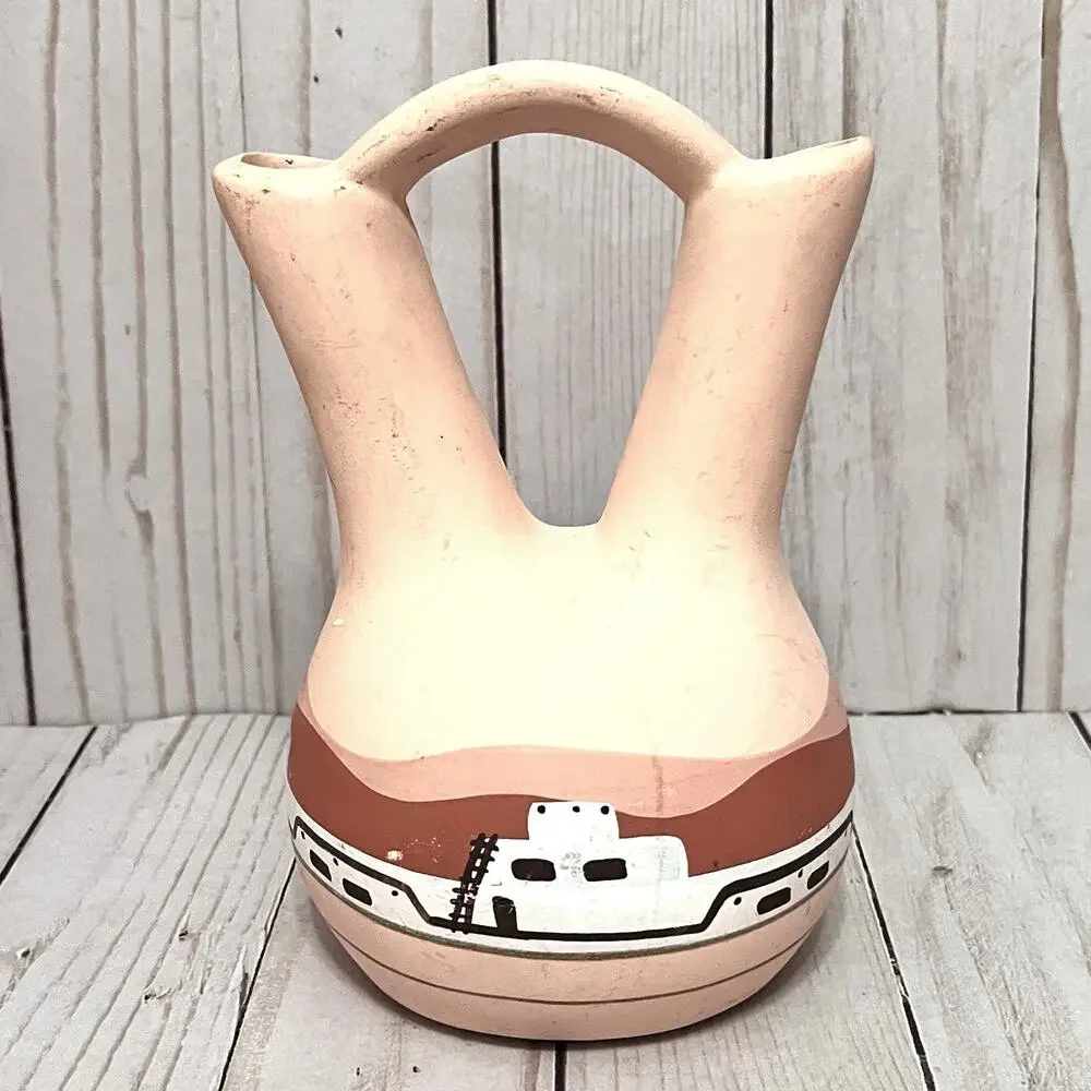 Vintage Southwestern Hand Painted Clay Pottery Wedding Vase 1980's TESA
